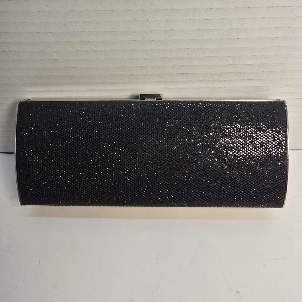 Sonia Kashuk Black Glitter Hard Shell Evening‎ Clutch Bag Silver Tone Frame